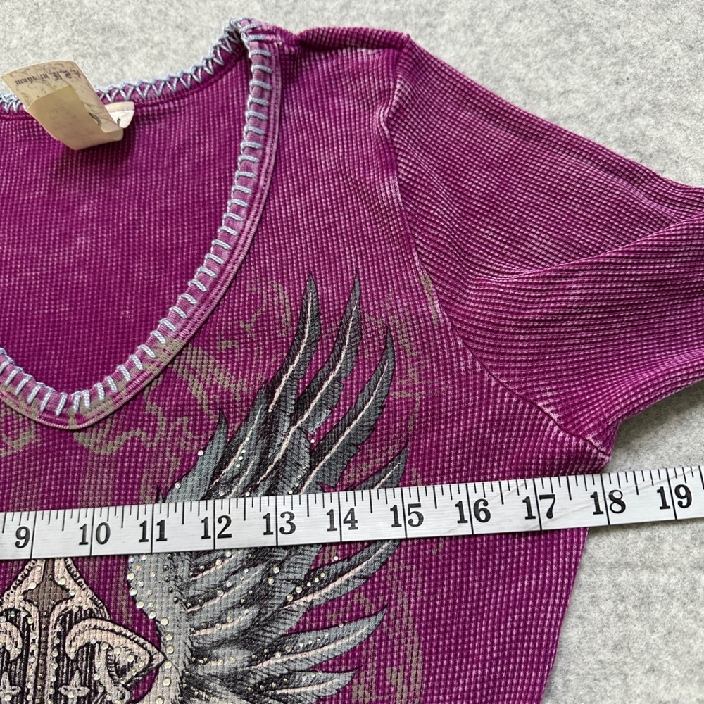 Vocal Purple Thermal Tunic Top Rhinestone Cross Wings Large Y2K Grunge Goth Rock - Picture 7 of 12